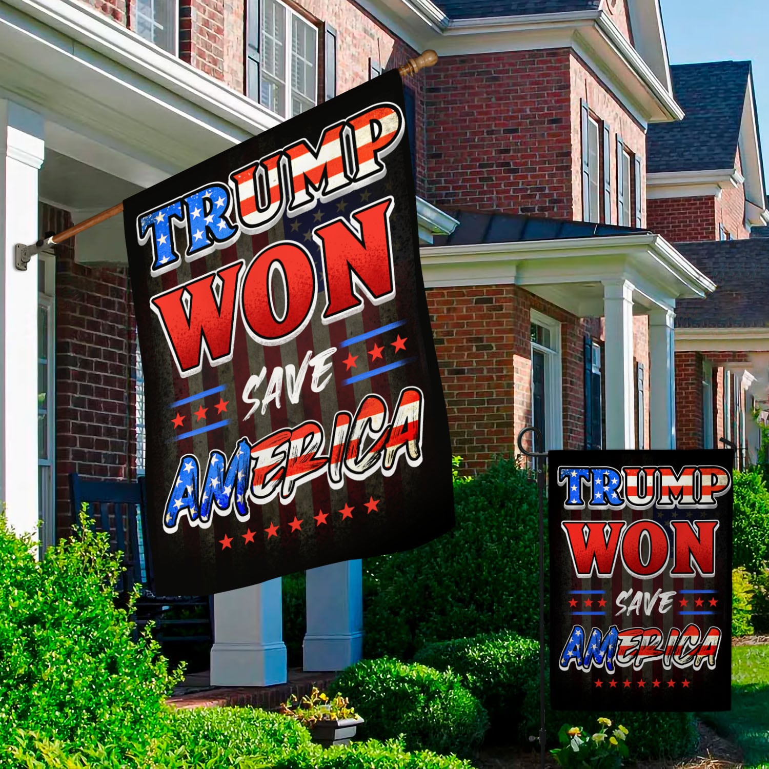 4O. Trump Won (Flag - Full) Garden & House Mockup 2