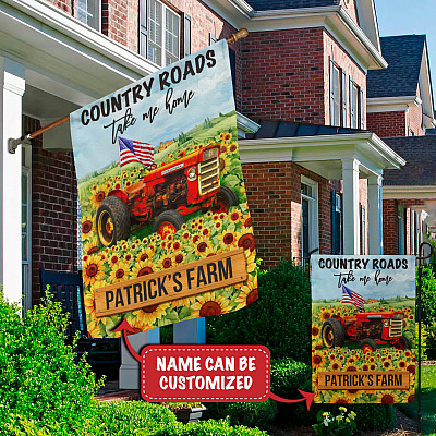 Alternative view of Personalized Country Roads Take Me Home Tractor Farming Outdoor House Flag - Custom Farmer Name Garden Flag