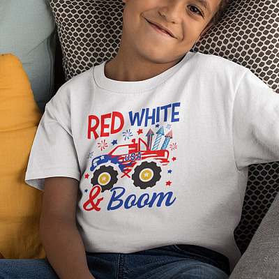 Alternative view of Red White Boom Monster Truck Youth T- Shirt - 4th Of July Shirt for Boys