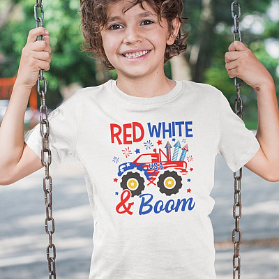 Red White Boom Monster Truck Youth T- Shirt - 4th Of July Shirt for Boys