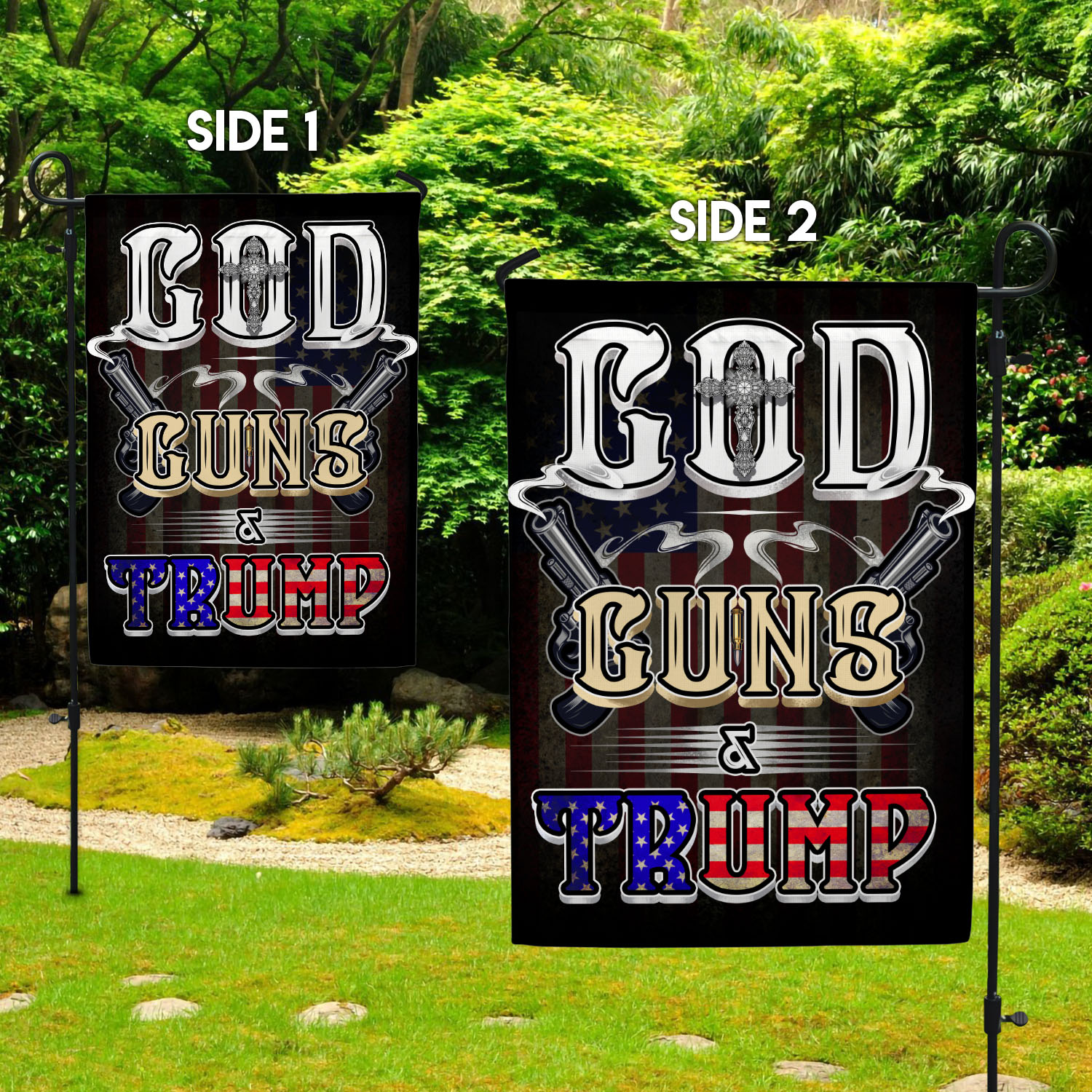 7NH. God Guns Trump (Flag) Garden Flag Mockup 2 Side