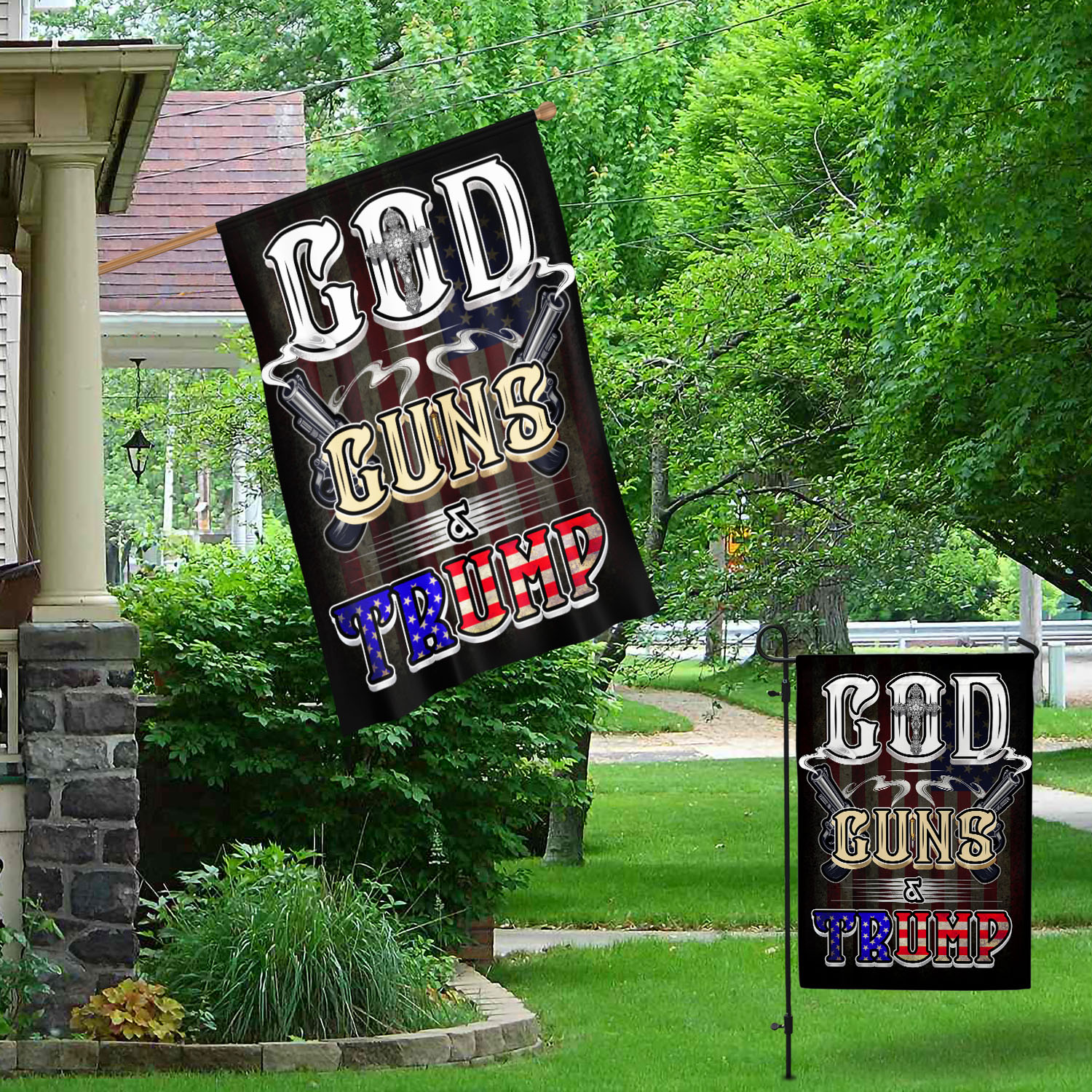 7NH. God Guns Trump (Flag) Garden & House Mockup 1