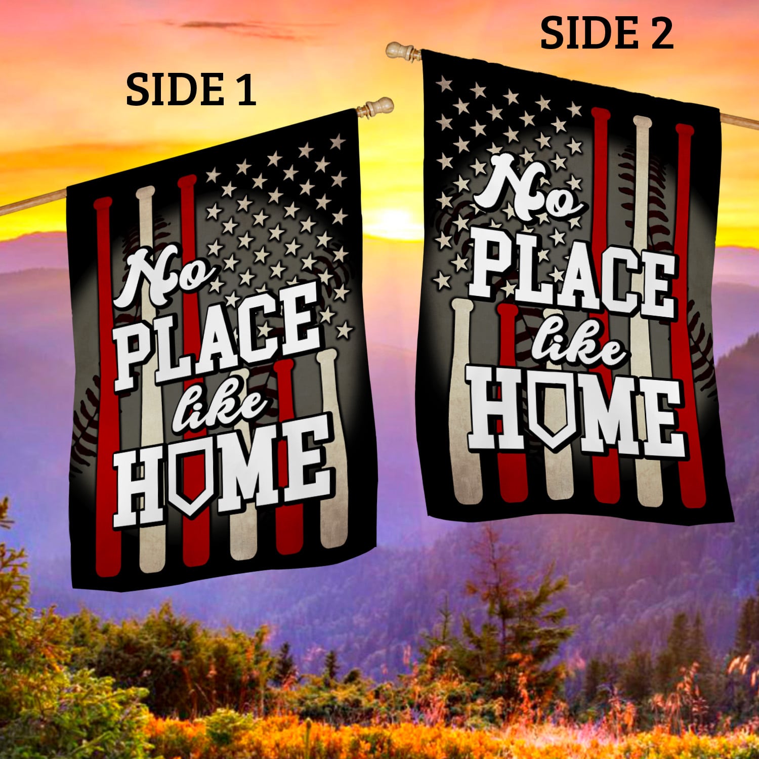 5KT. Baseball No Place Like Home House Flag Mockup 2 Side