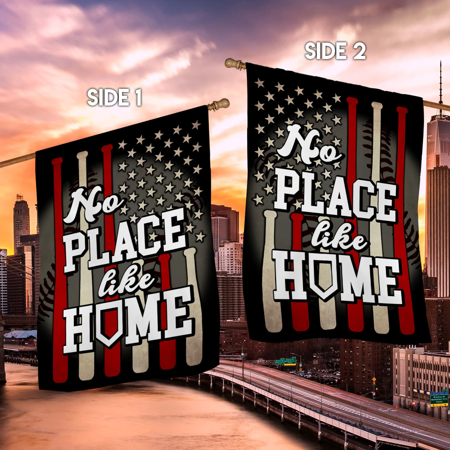 5KT. Baseball No Place Like Home House Flag Mockup 2 Side-2