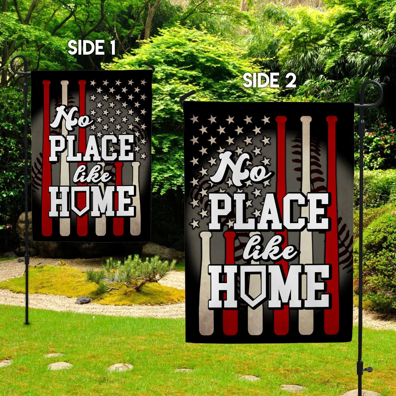 5KT. Baseball No Place Like Home Garden Flag Mockup 2 Side