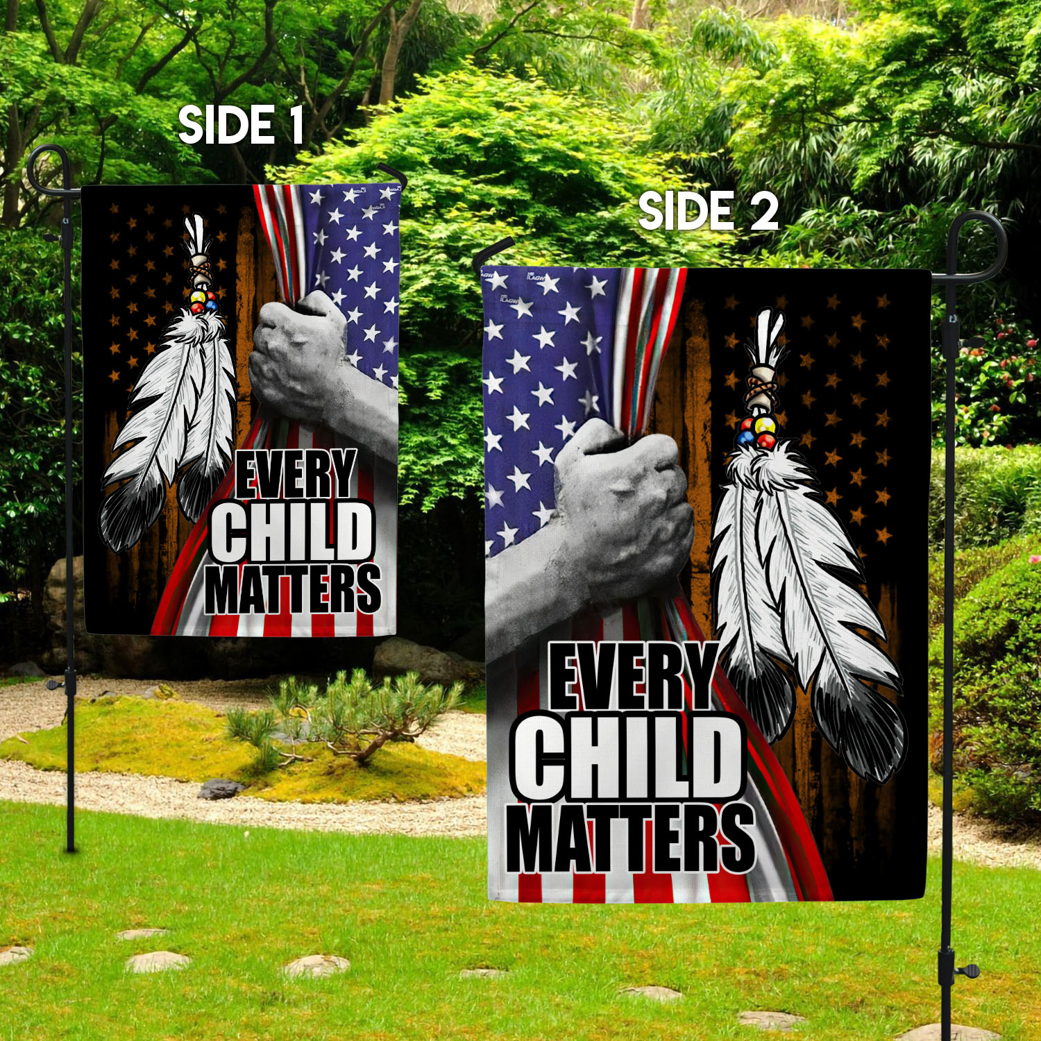 5O. Every Child Matters - side 1 Garden Flag Mockup 2 Side