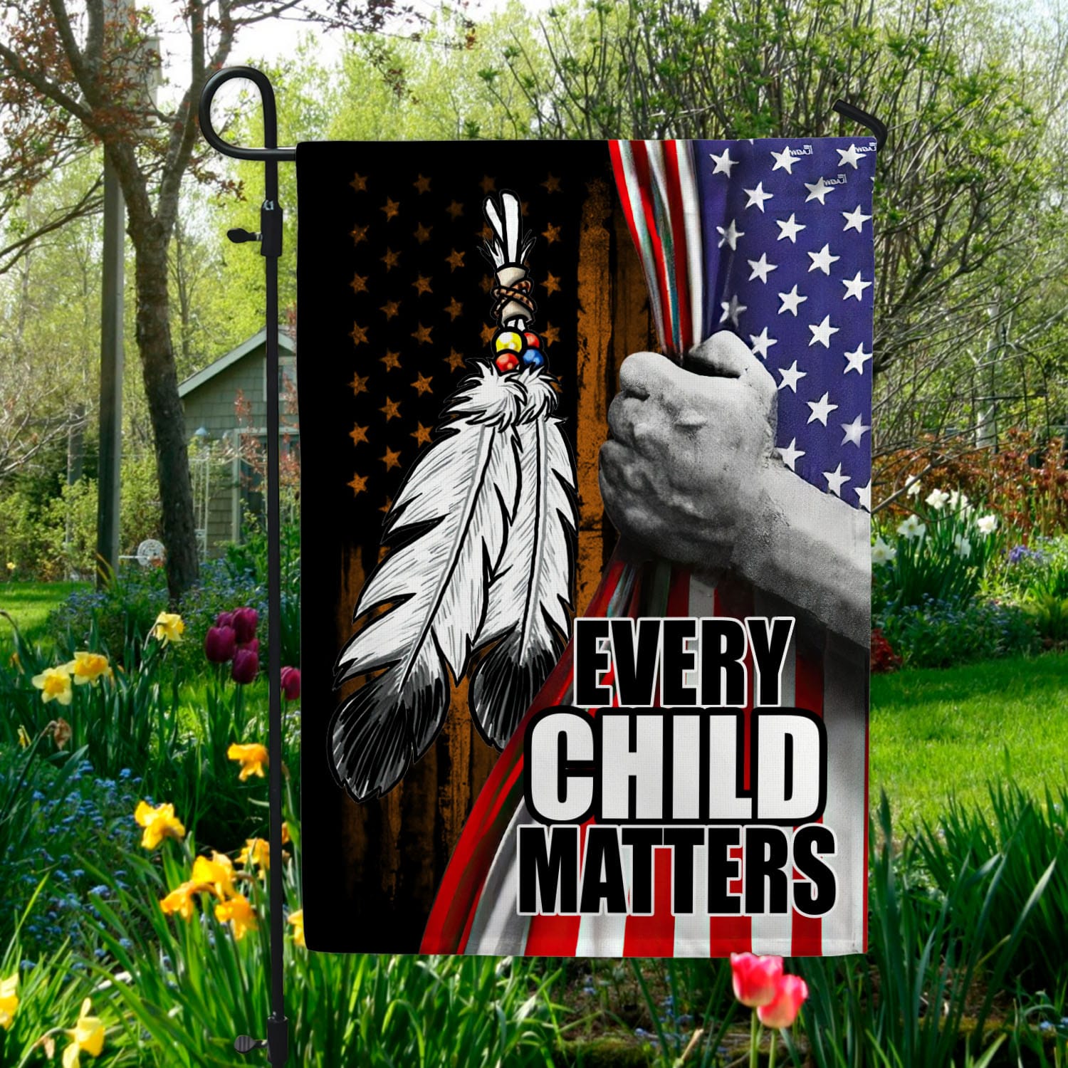 5O. Every Child Matters - side 1 Garden Flag Mockup 5