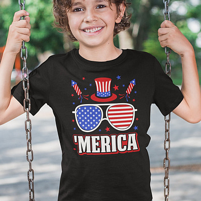 Merica Sunglasses 4th of July Youth T-Shirt for Kids - Kids Patriotic Shirt