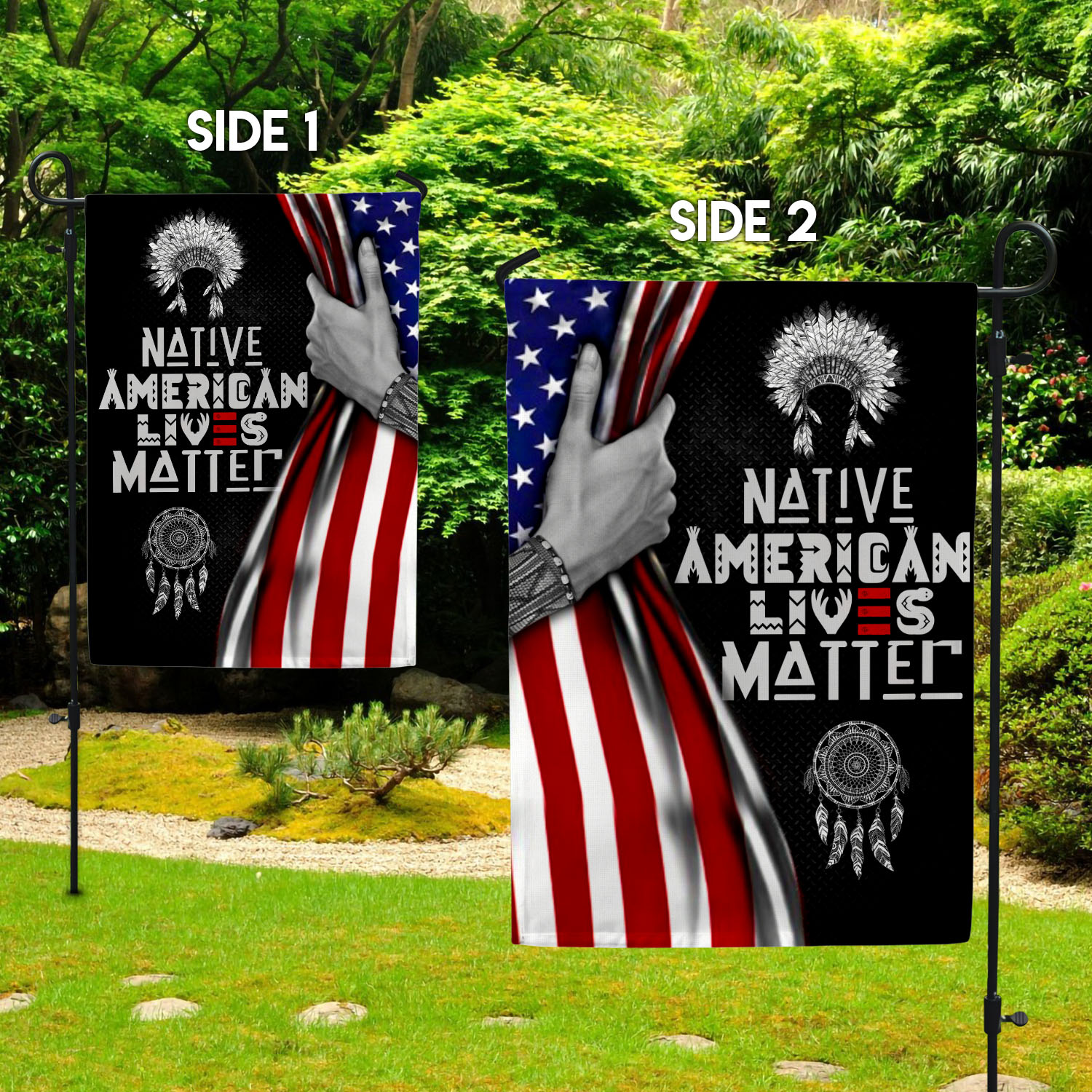 7UT. Native Lives Matter Side 2 Garden Flag Mockup 2 Side