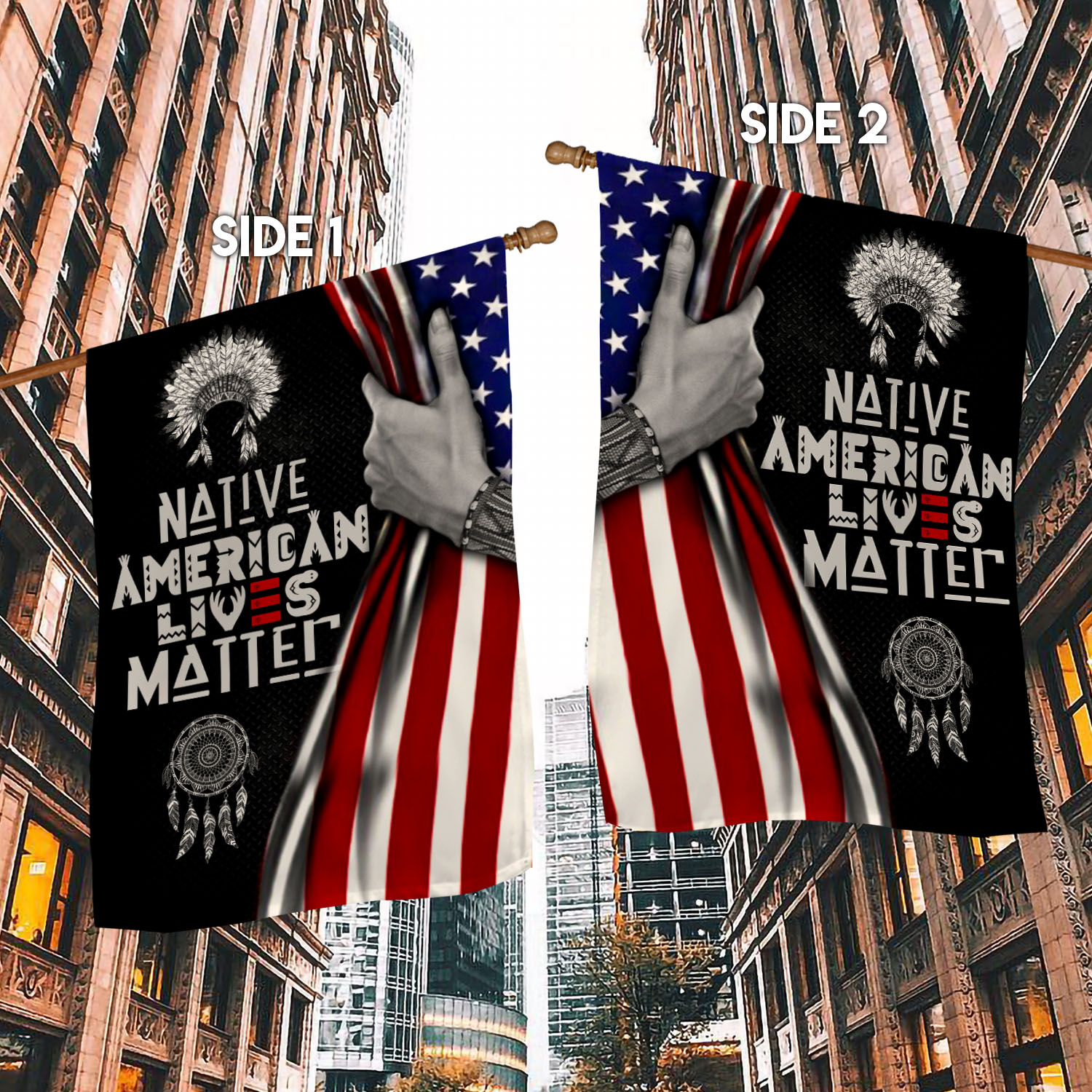 7UT. Native Lives Matter Side 2 House Flag Mockup 2 Side-1