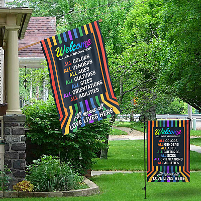 Alternative view of All Love Is Welcome Here All Colors All Genders All Means All Love Lives Here LGBT BLM Outdoor House Flag - Garden Flag