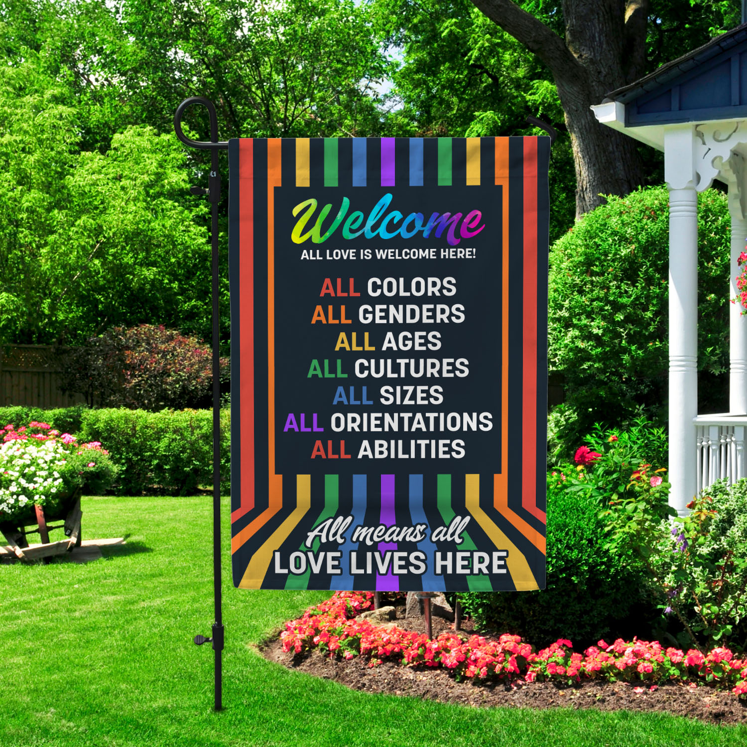 3VT. LGBT All Love Is Welcome Garden Flag Mockup 2