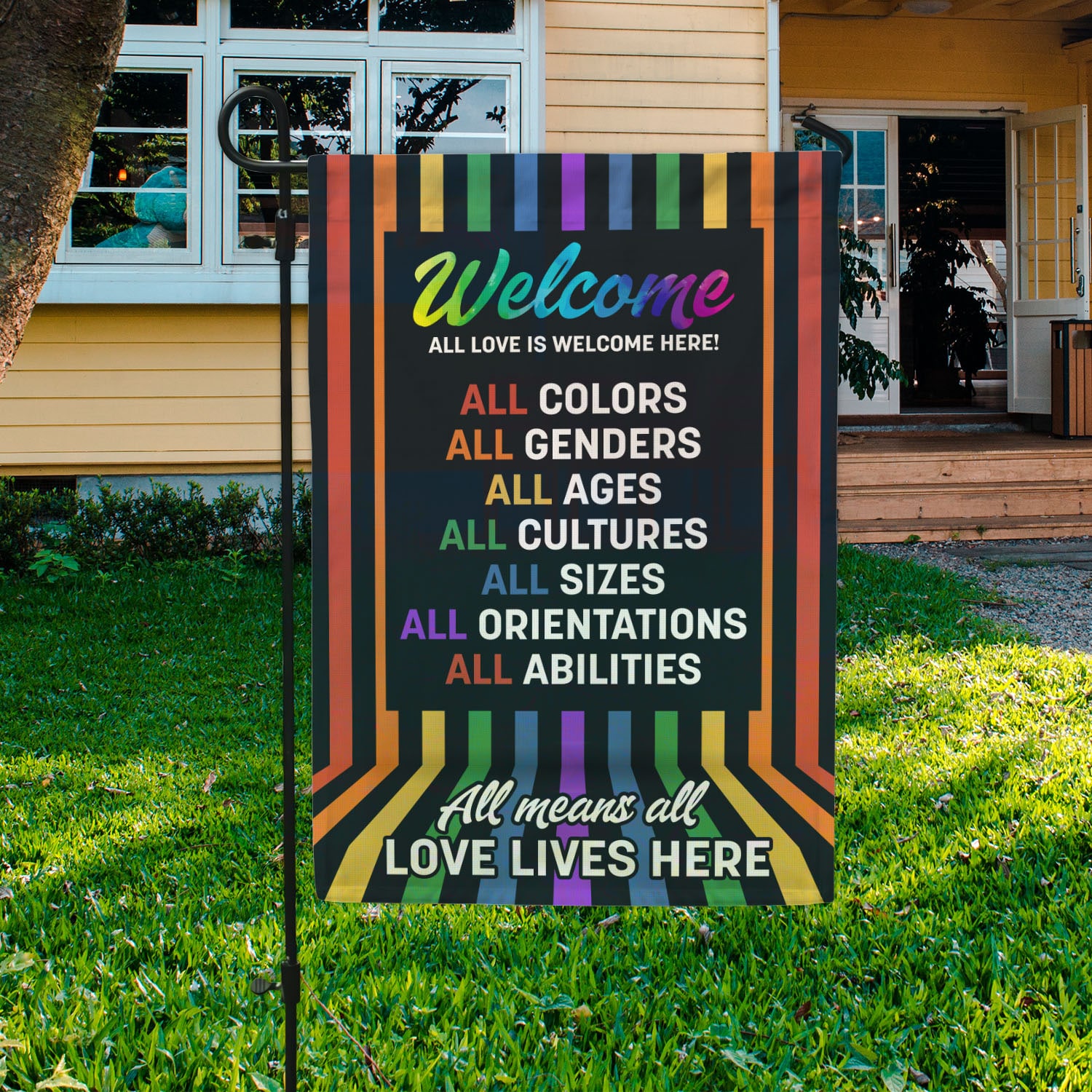 3VT. LGBT All Love Is Welcome Garden Flag Mockup 3