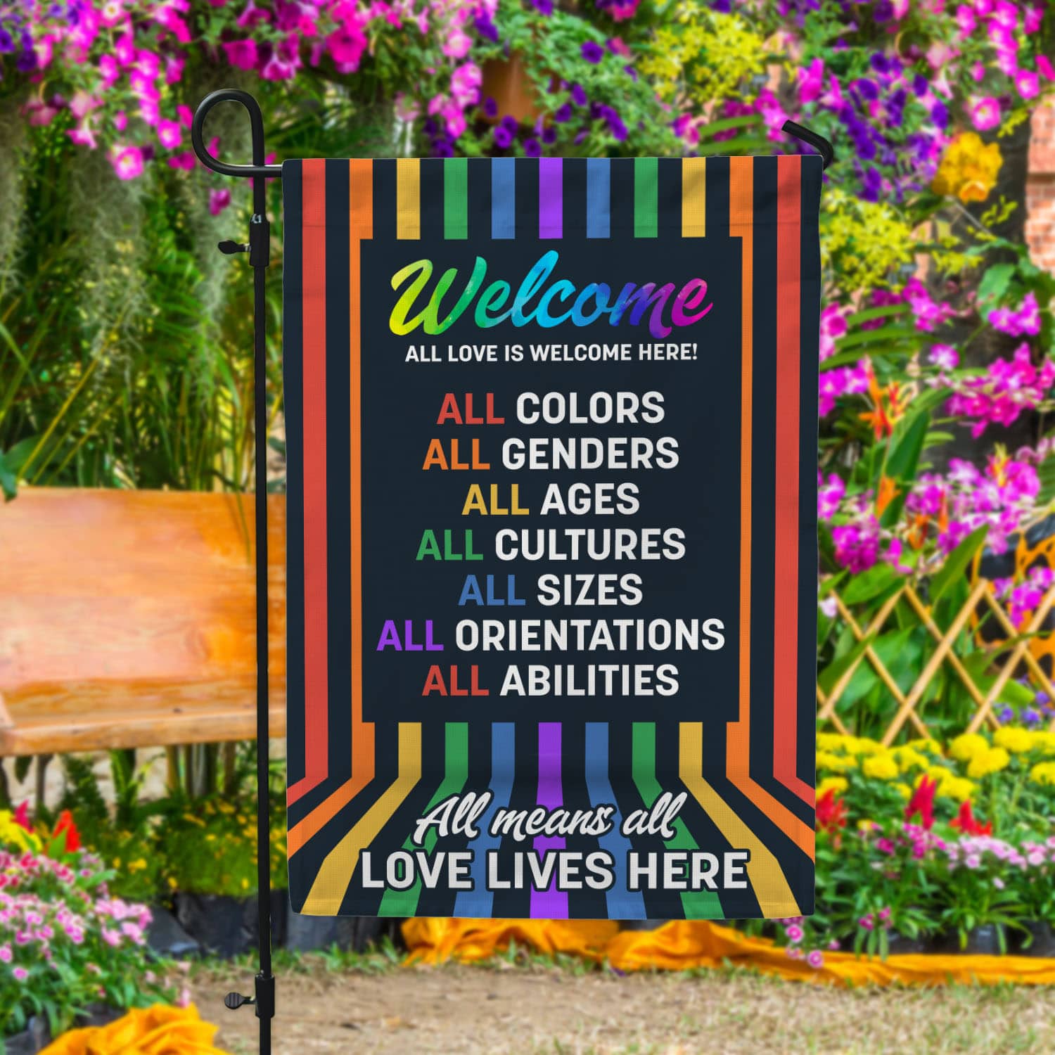 3VT. LGBT All Love Is Welcome Garden Flag Mockup 4