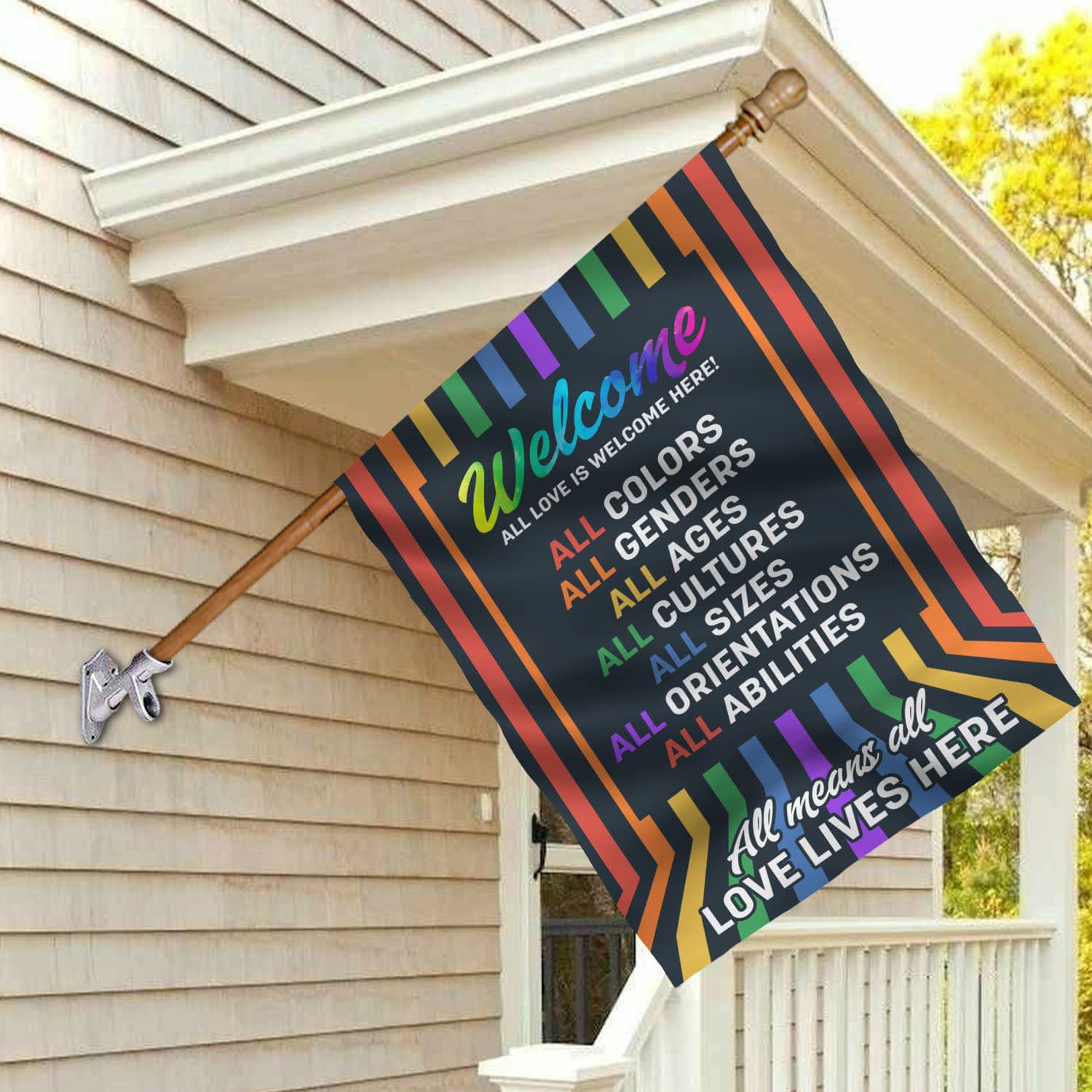 3VT. LGBT All Love Is Welcome House Flag Mockup 2