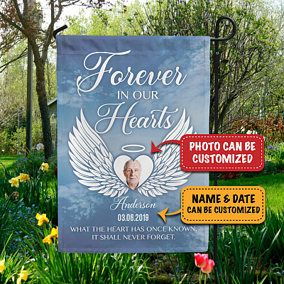 Personalized Photo Forever in Our Hearts Decorative Garden Flag - Indoor Outdoor Flag