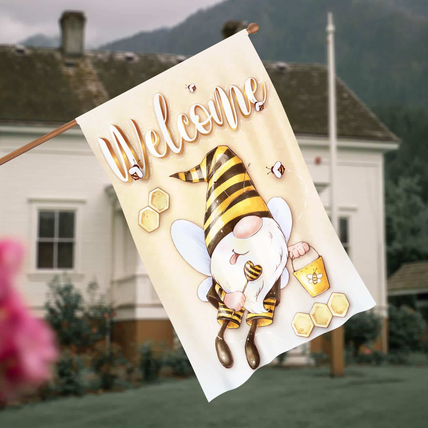 4HV. Welcome Bee (7) House Flag Mockup 4