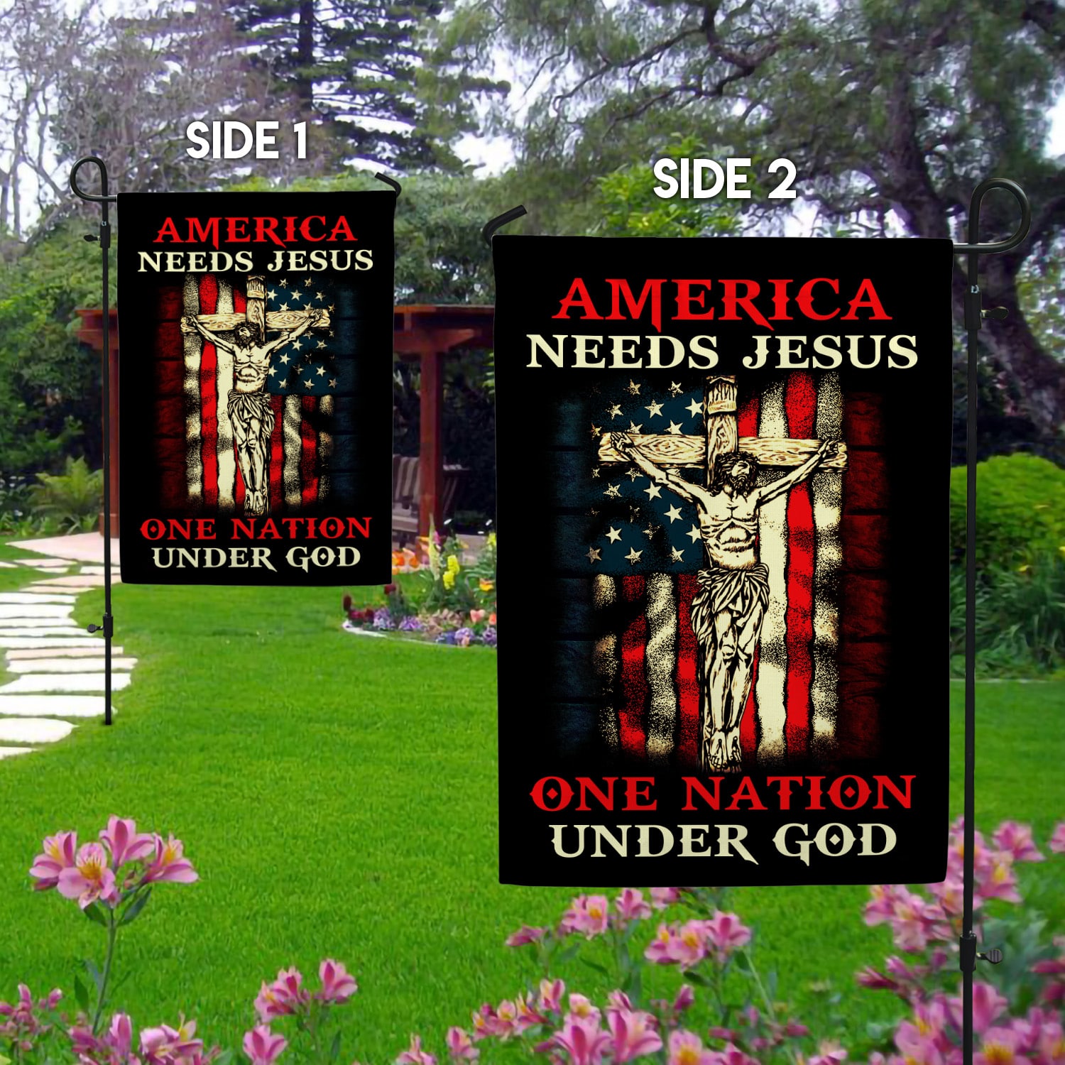 America Needs Jesus_2 Garden Flag Mockup 2 Side-1