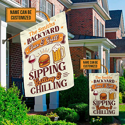 Alternative view of Personalized Backyard Flag Backyard Bar and Grill Sipping Grilling and Chilling Garden Flag - House Flag
