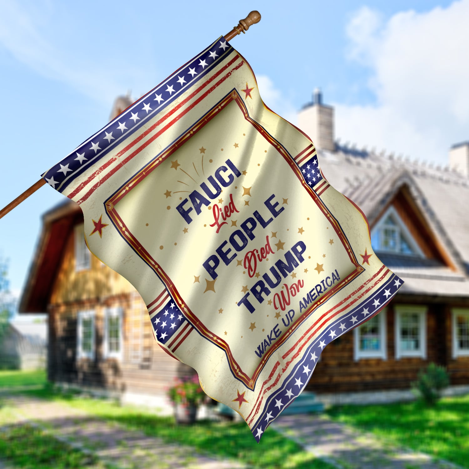 5KT. Fauci Lied Trump Won Wake Up House Flag Mockup 5