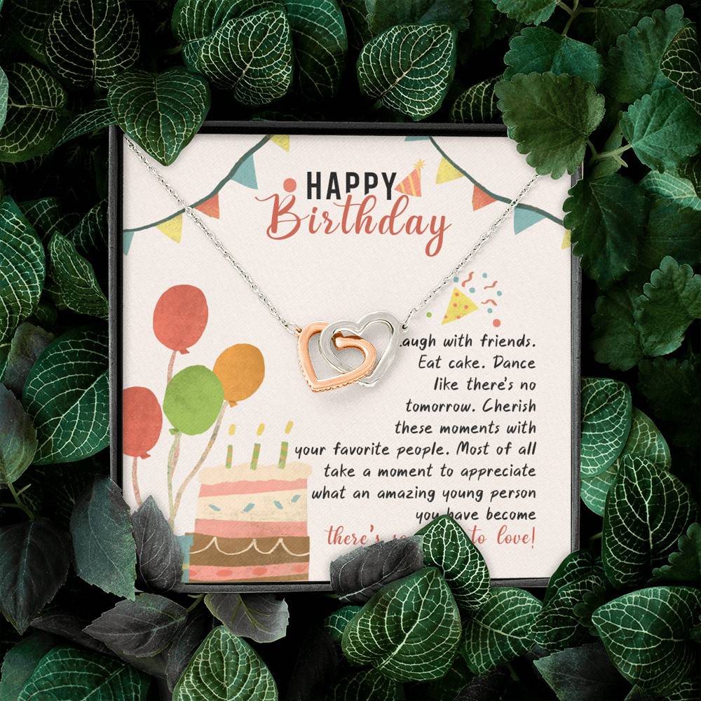 Happy Birthday Laugh With Friends Eat Cake There's So Much To Love Interlocking Hearts Pendant Necklace Happy Birthday Laugh With Friends Eat Cake There's So Much To Love Interlocking Hearts Pendant Necklace