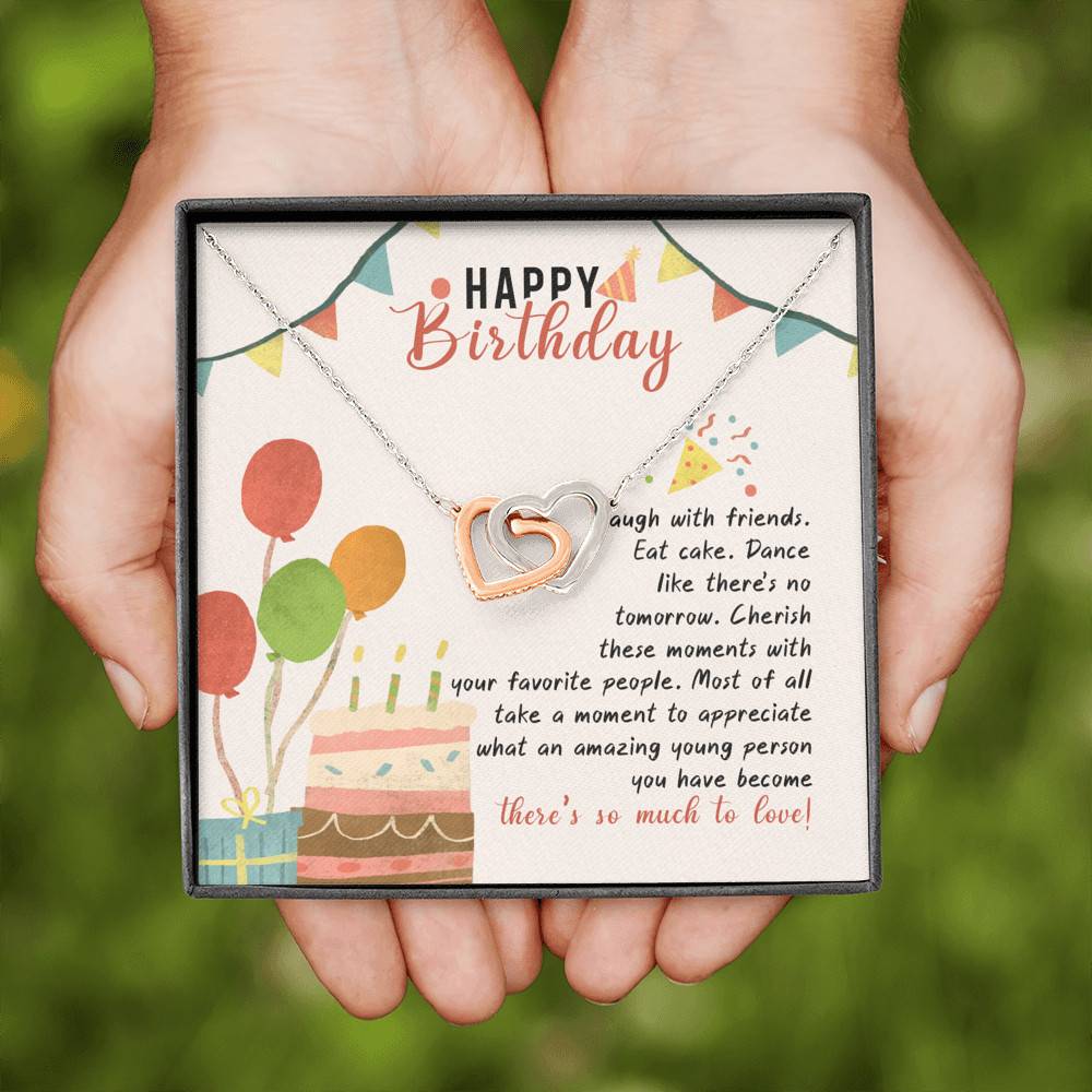 Happy Birthday Laugh With Friends Eat Cake There's So Much To Love Interlocking Hearts Pendant Necklace Happy Birthday Laugh With Friends Eat Cake There's So Much To Love Interlocking Hearts Pendant Necklace