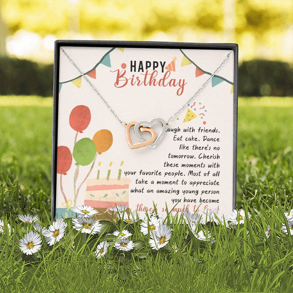Happy Birthday Laugh With Friends Eat Cake There's So Much To Love Interlocking Hearts Pendant Necklace Happy Birthday Laugh With Friends Eat Cake There's So Much To Love Interlocking Hearts Pendant Necklace