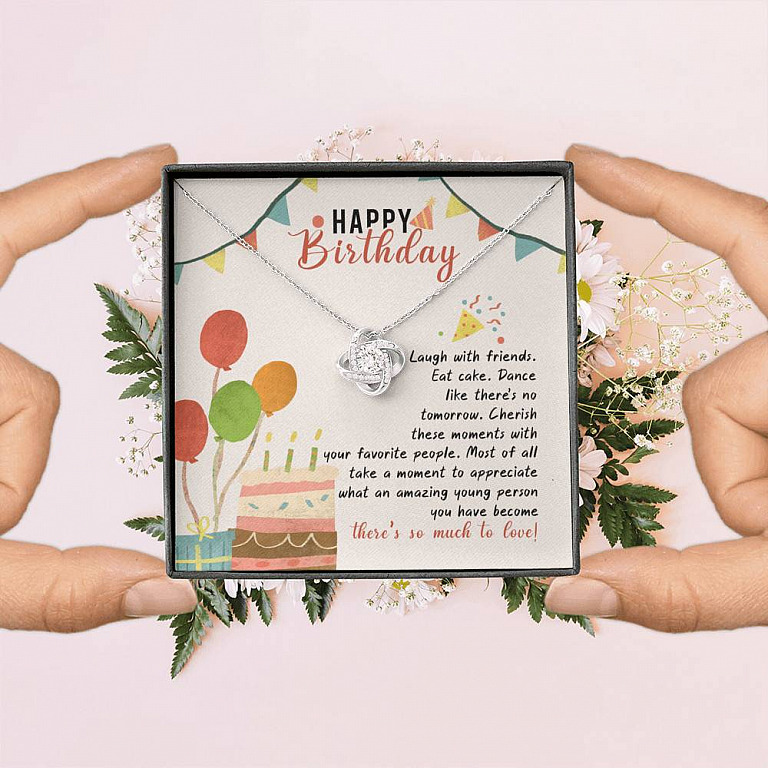 Happy Birthday Laugh With Friends Eat Cake There's So Much To Love Love Knot Necklace - Birthday Gift For Her