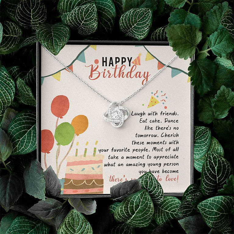 Happy Birthday Laugh With Friends Eat Cake There's So Much To Love Love Knot Necklace - Birthday Gift For Her