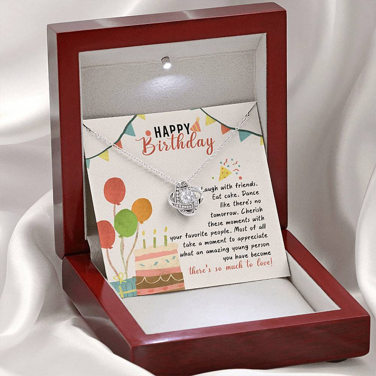 Happy Birthday Laugh With Friends Eat Cake There's So Much To Love Love Knot Necklace - Birthday Gift For Her