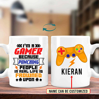 Alternative view of Personalized I'm a Gamer Because Punching People in Real Life Is Frowned Upon Double-Sided Ceramic Coffee Mug