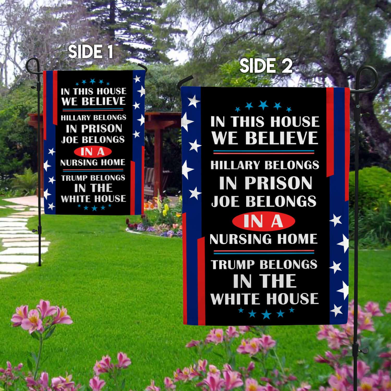6UT. Belongs In White House1 Garden Flag Mockup 2 Side-1