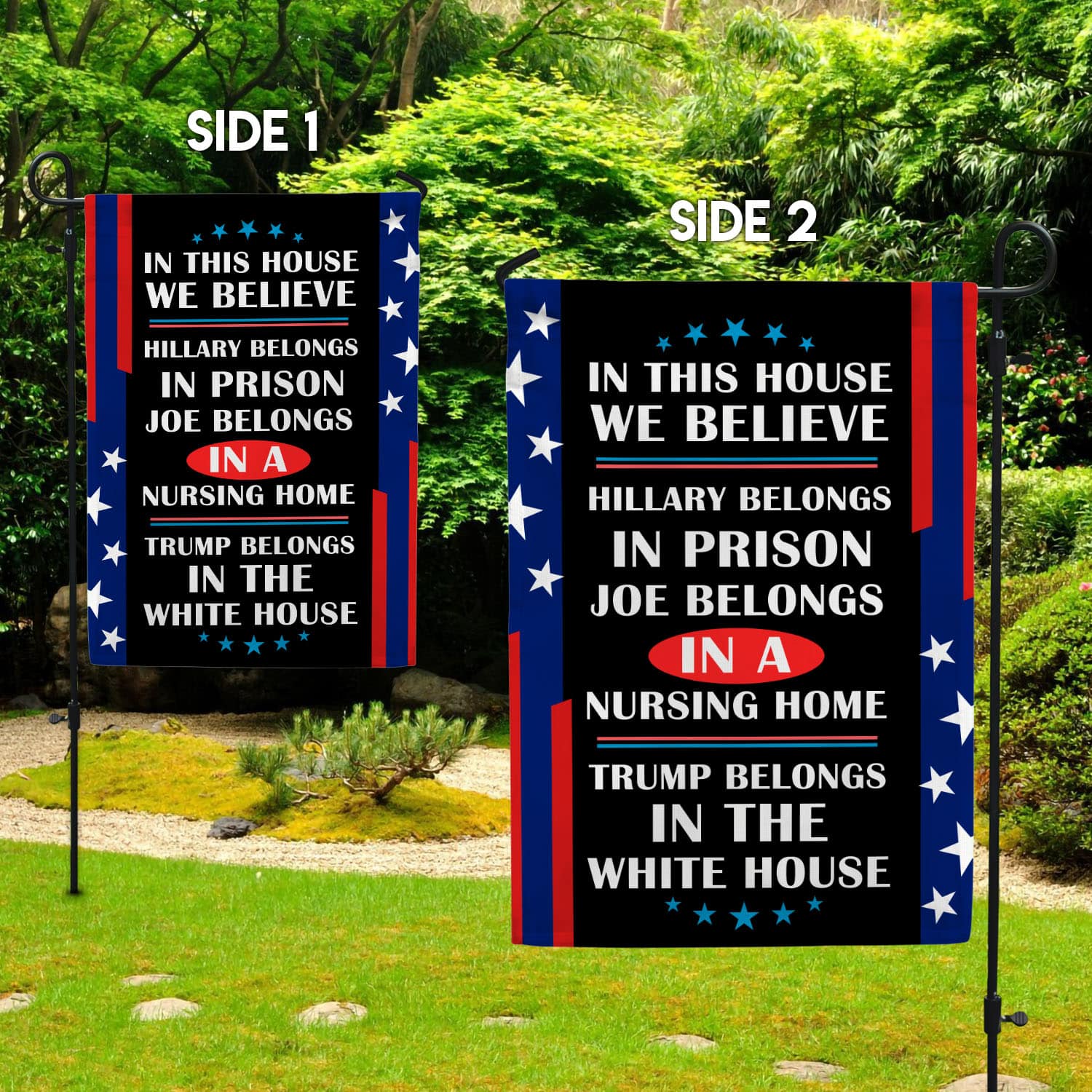 6UT. Belongs In White House1 Garden Flag Mockup 2 Side