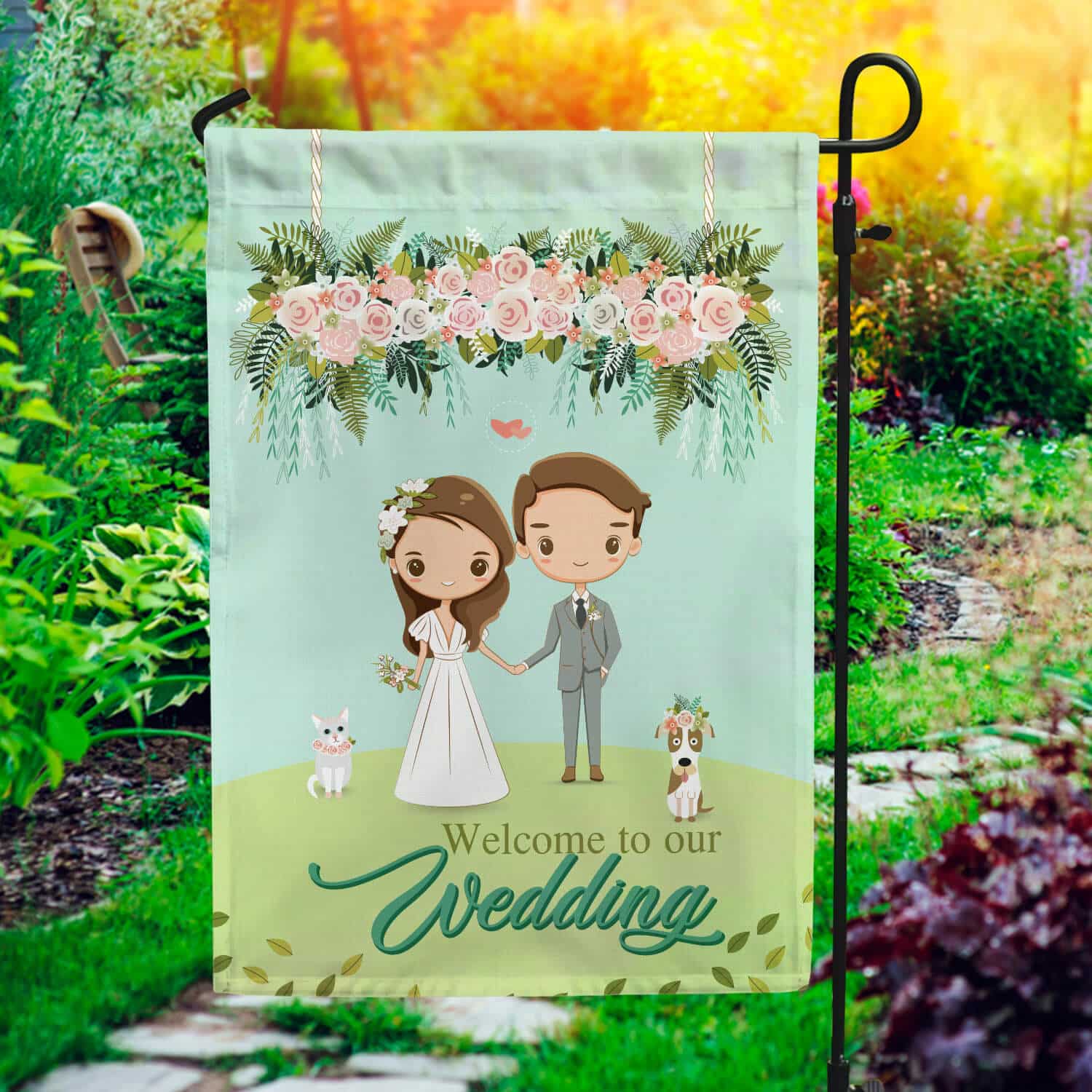1HV. Wedding Flag(4) Garden Flag Mockup 1