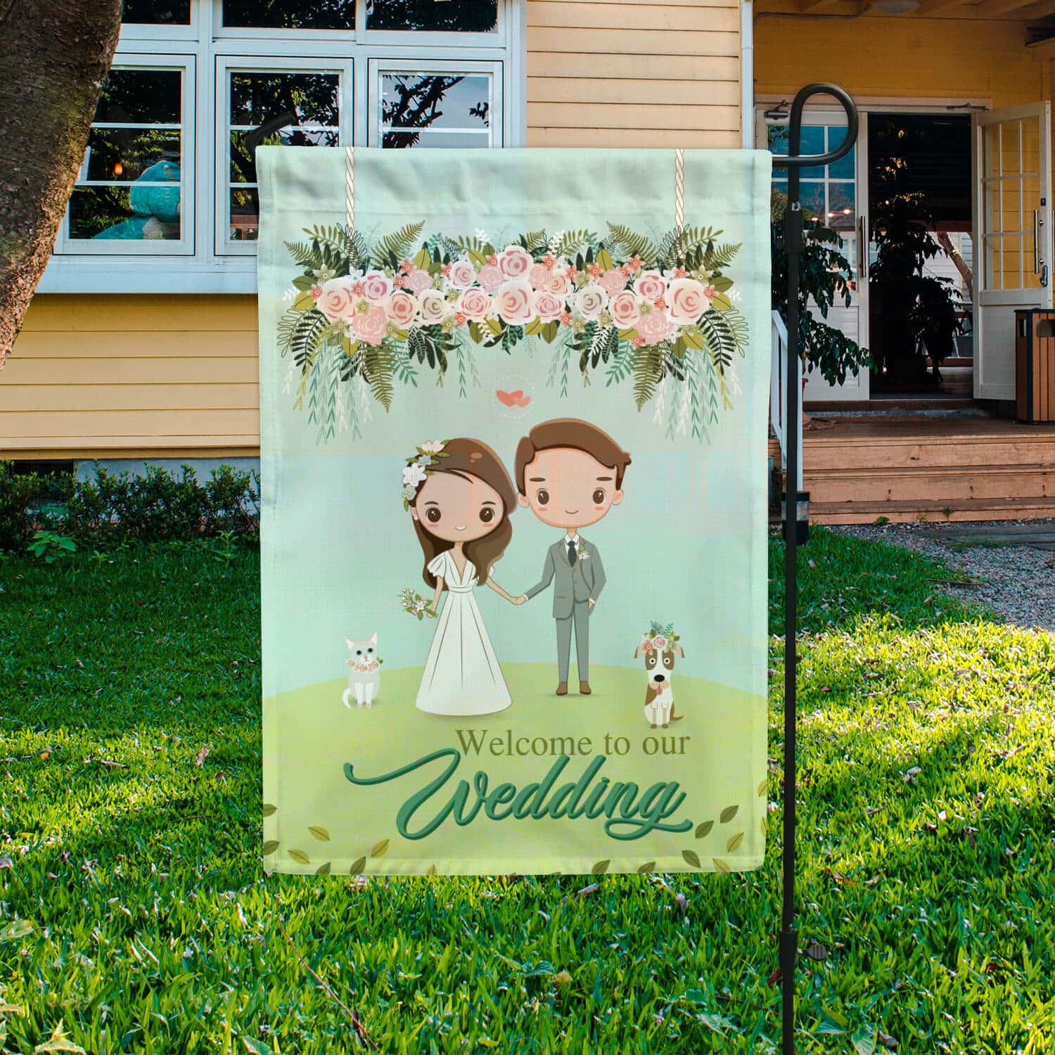 1HV. Wedding Flag(4) Garden Flag Mockup 3