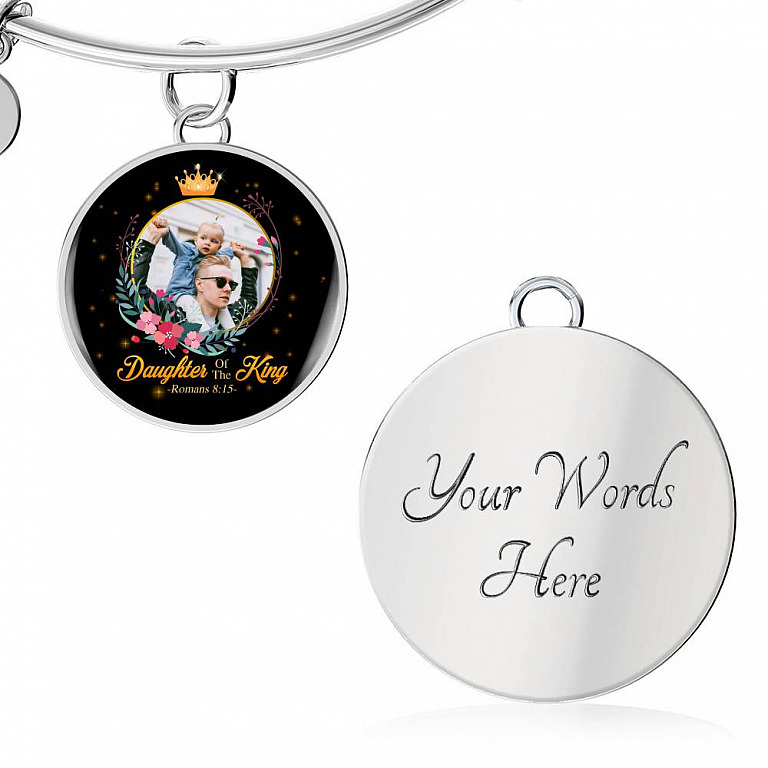 Personalized Photo Daughter of The King Romans 8:15 Circle Pendant Necklace - Bangle
