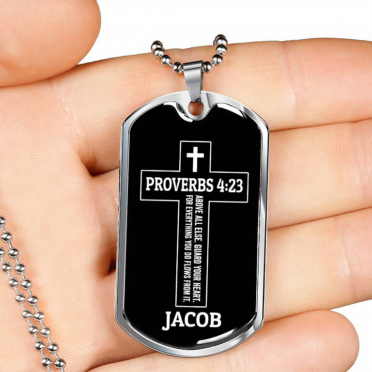 Personalized Proverbs 4:23 Above All Else Guard Your Heart for Everything You Do Dog Tag Pendant Necklace