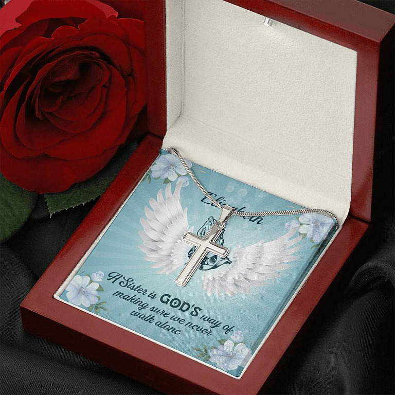 Personalized A Sister Is God's Way Of Making Sure We Never Walk Alone Artisan Crafted Cross Necklace