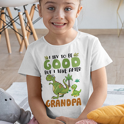 Alternative view of T-Rex I Try to Be Good but I Take After Grandpa Funny T-Shirt for Kids Youth Shirt