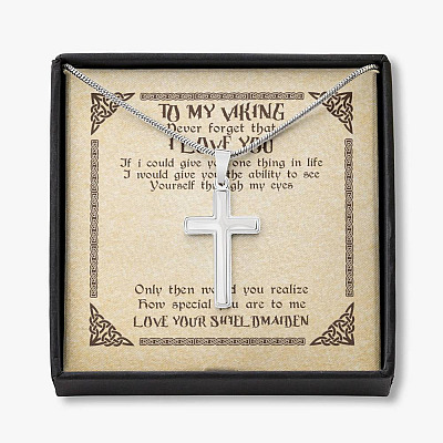To My Viking Never Forget That I Love You Love Your Shieldmaiden Cross Pendant Necklace - Gift For Husband - Artisan Crafted Cross Necklace