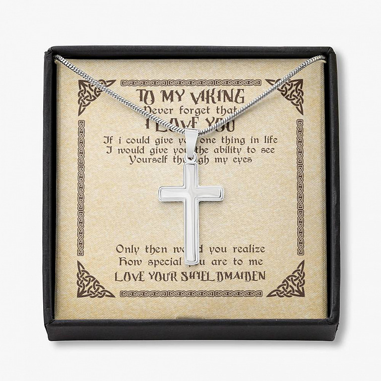 To My Viking Never Forget That I Love You Love Your Shieldmaiden Cross Pendant Necklace - Gift For Husband - Artisan Crafted Cross Necklace