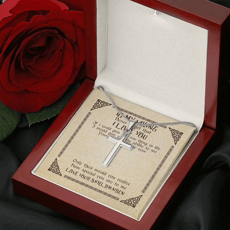 To My Viking Never Forget That I Love You Love Your Shieldmaiden Cross Pendant Necklace - Gift For Husband