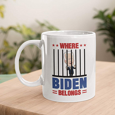 Biden Cheated Where Biden Belongs Ceramic Coffee Mug - Beer Stein - Water Bottle - Color Changing Mug