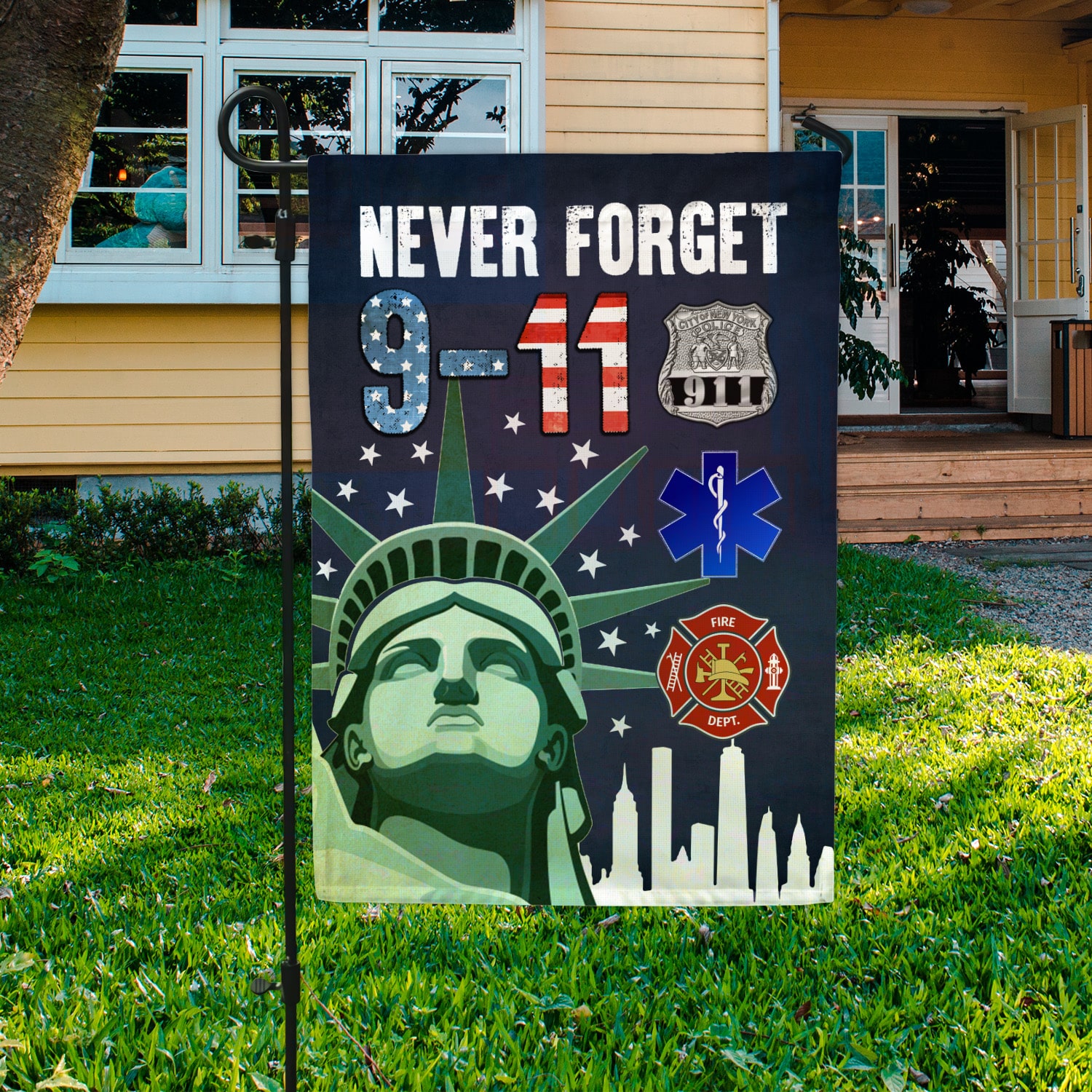 3KT. 9-11 Never Forget 30x40 Garden Flag Mockup 3