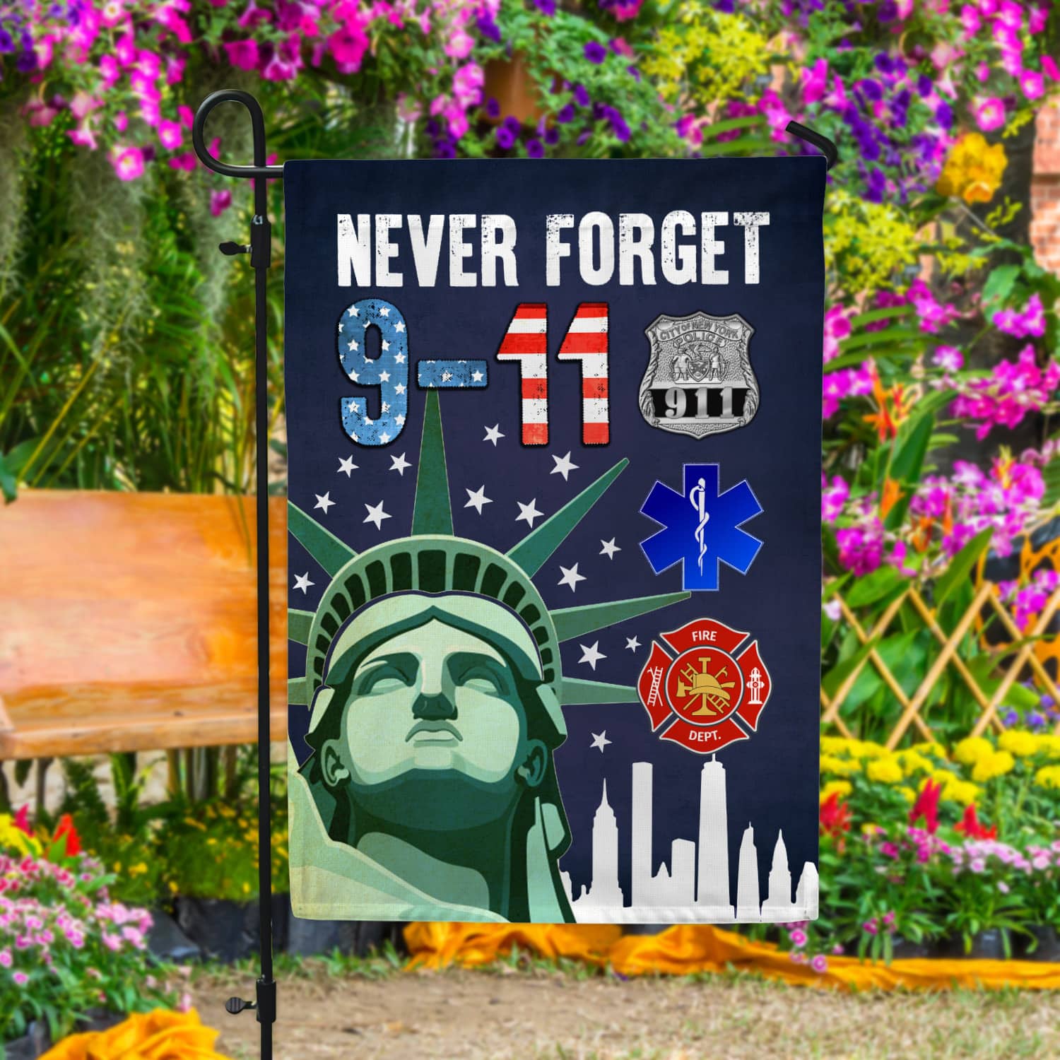 3KT. 9-11 Never Forget 30x40 Garden Flag Mockup 4