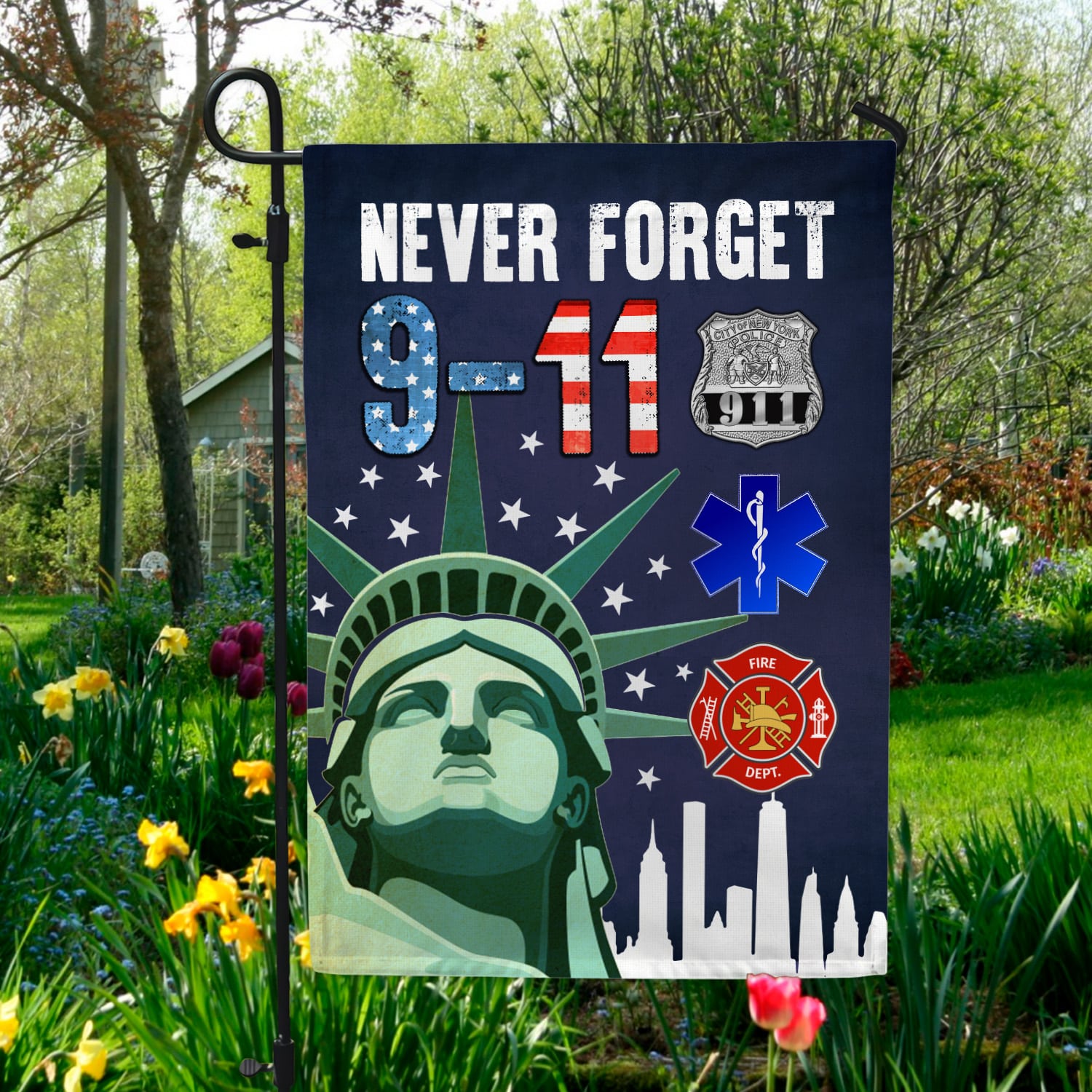 3KT. 9-11 Never Forget 30x40 Garden Flag Mockup 5