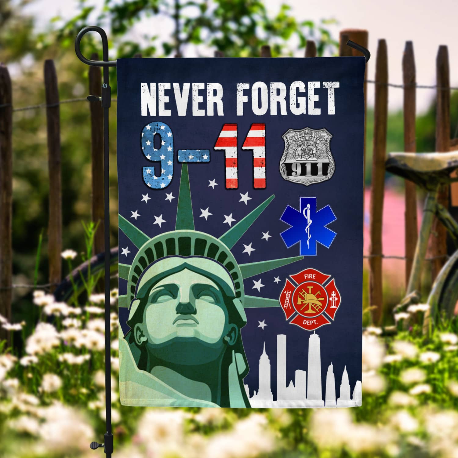 3KT. 9-11 Never Forget 30x40 Garden Flag Mockup 6