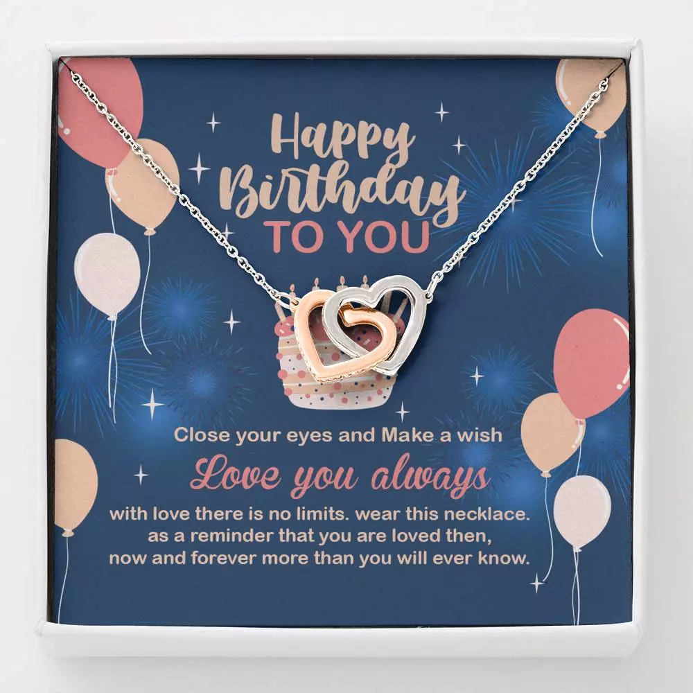 Happy Birthday To You Close Your Eyes And Make A Wish Interlocking Hearts Pendant Necklace - Birthday Gifts - Interlocking Hearts Necklace