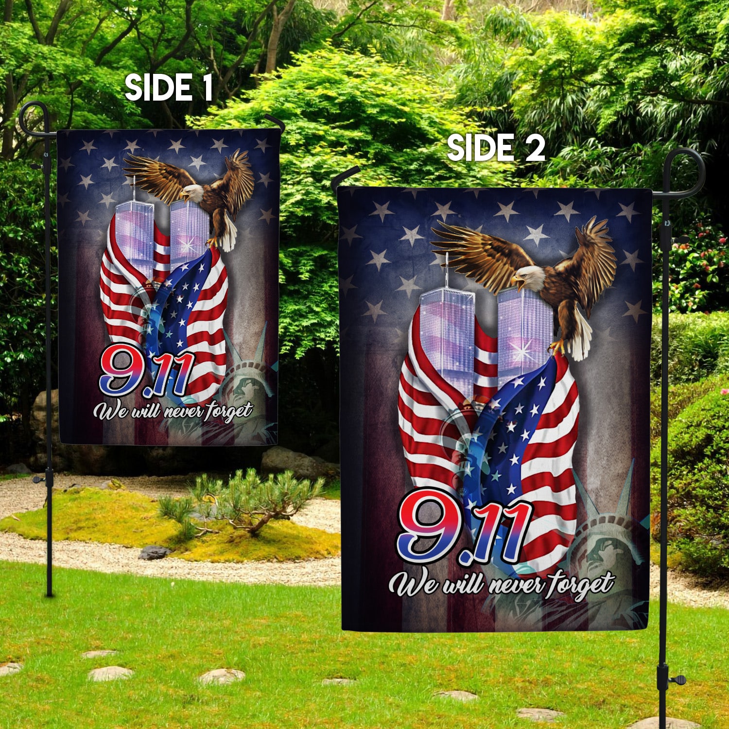 1. We Will Never Forget Garden Flag Mockup 2 Side