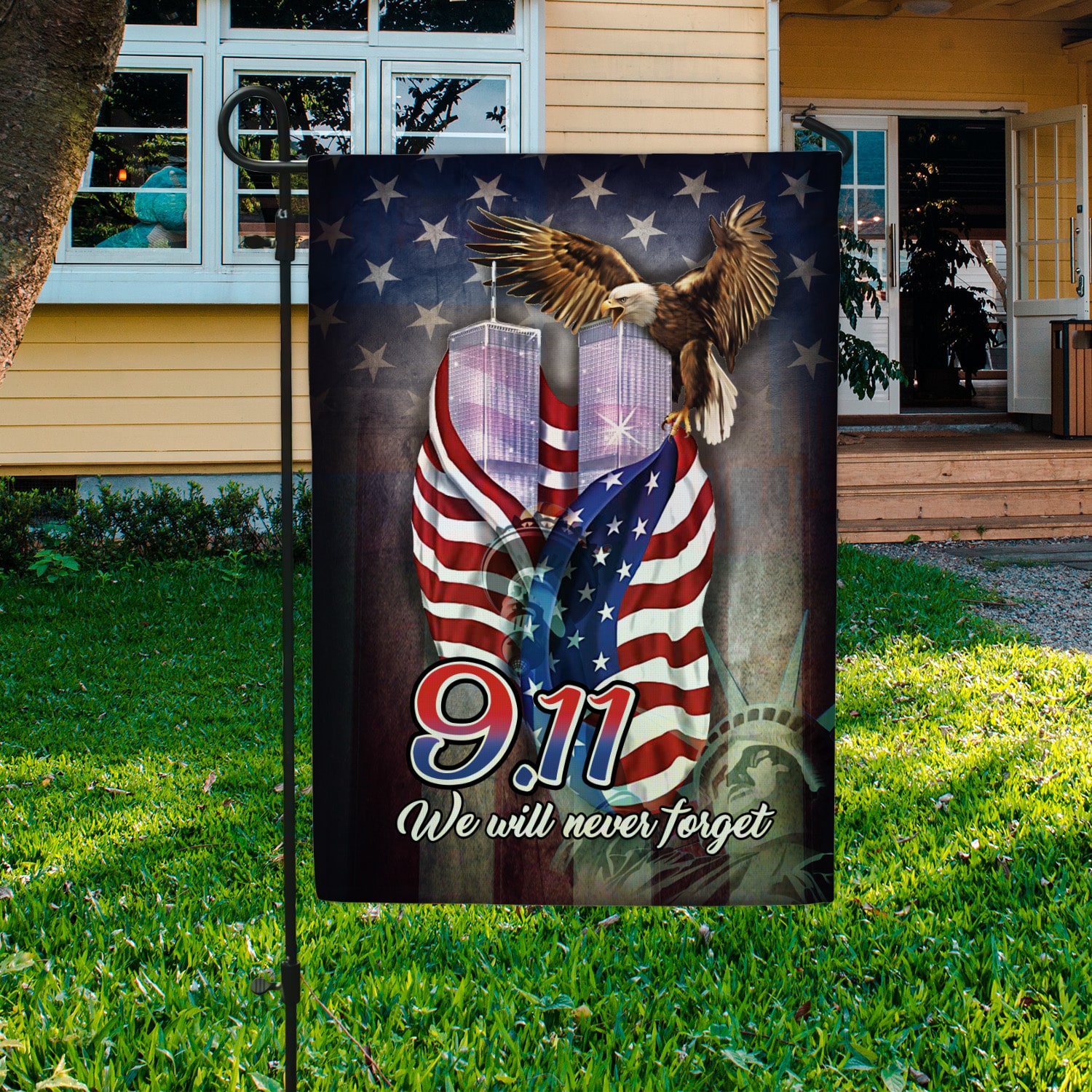 1. We Will Never Forget Garden Flag Mockup 3